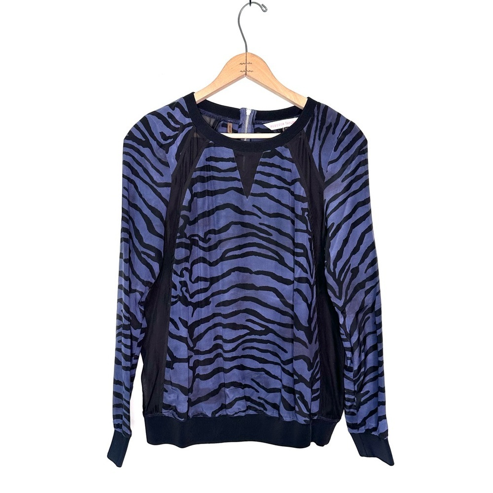 Rebecca Taylor Blue And Black Zebra Print Silk Long Sleeve Blouse Size 6